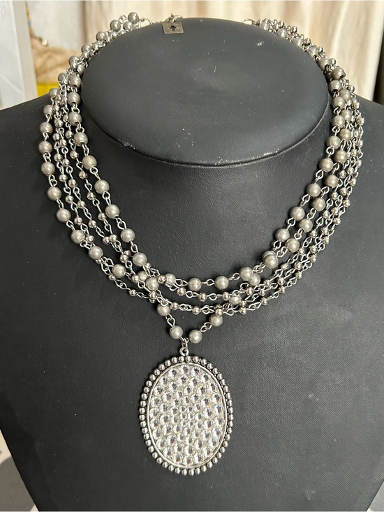 Pink Panache Jewelry - Pink Panache Silver-Tone Multi-Strand Beaded Necklace with Crystal Oval Pendant